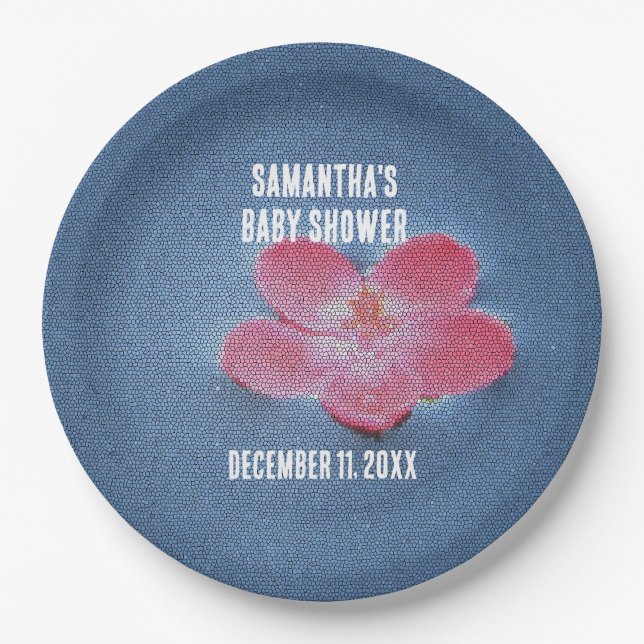 Babydusche Rosa Blume Blau Wasser Blüte Pappteller (Vorderseite)