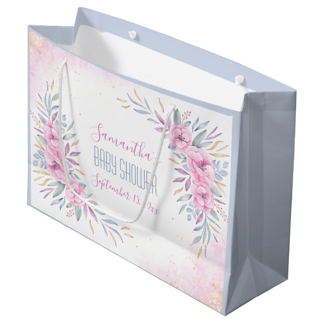 Babydusche Rosa Blume Wasserfarbe Elegante Einrich Große Geschenktüte (Vorderseite Schrägansicht)