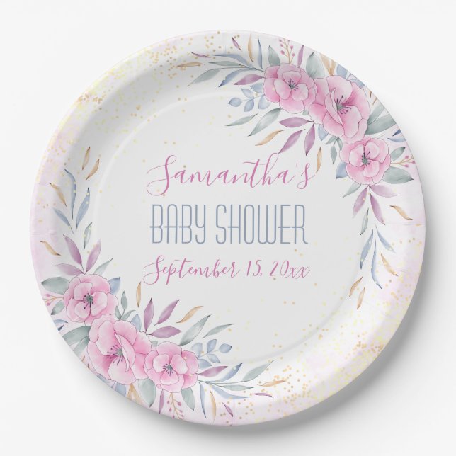Babydusche Rosa Blume Wasserfarbe Elegante Einrich Pappteller (Vorderseite)