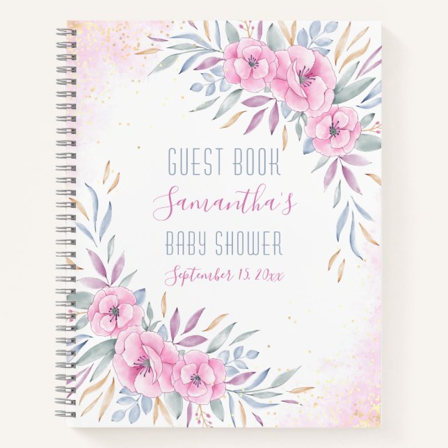 Babydusche Rosa Blume Wasserfarben Gästebuch Notizbuch (Vorderseite)
