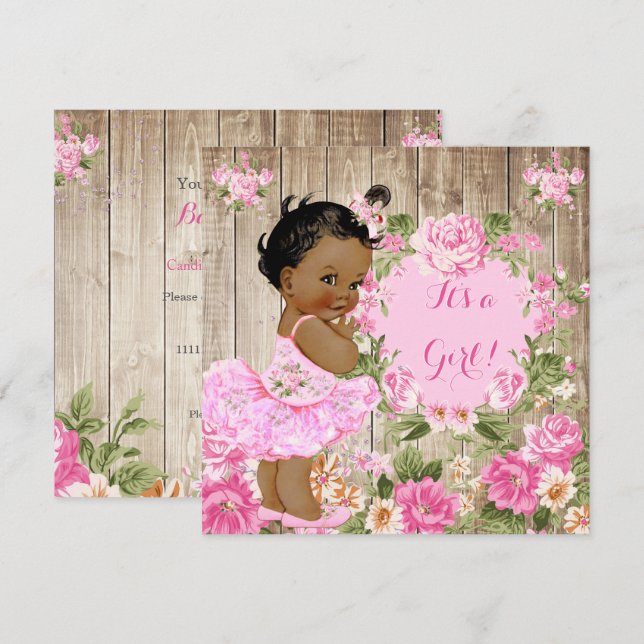 Babydusche Rosa Blütenblume Rustikale Holzmädchen  Einladung (Vorne/Hinten)