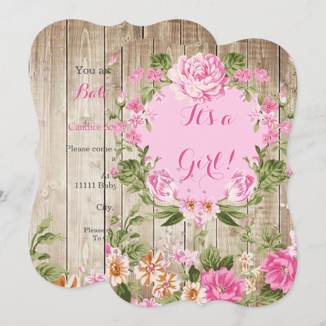 Babydusche Rosa Blütenblume Rustikales Holzmädchen Einladung (Vorne/Hinten)