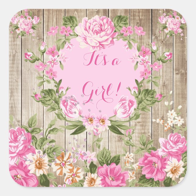 Babydusche Rosa Blütenblume Rustikales Holzmädchen Quadratischer Aufkleber (Vorderseite)