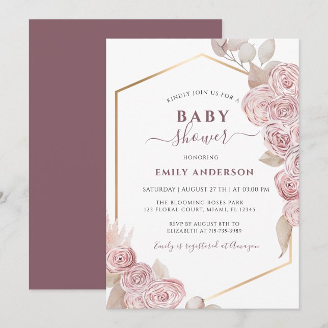  Babydusche Rosa Blütenfarben und Golden  Einladung (Vorne/Hinten)