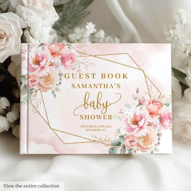 Babydusche Rosa Blütengold Gästebuch (Baby girl shower blush pink floral gold guest book)