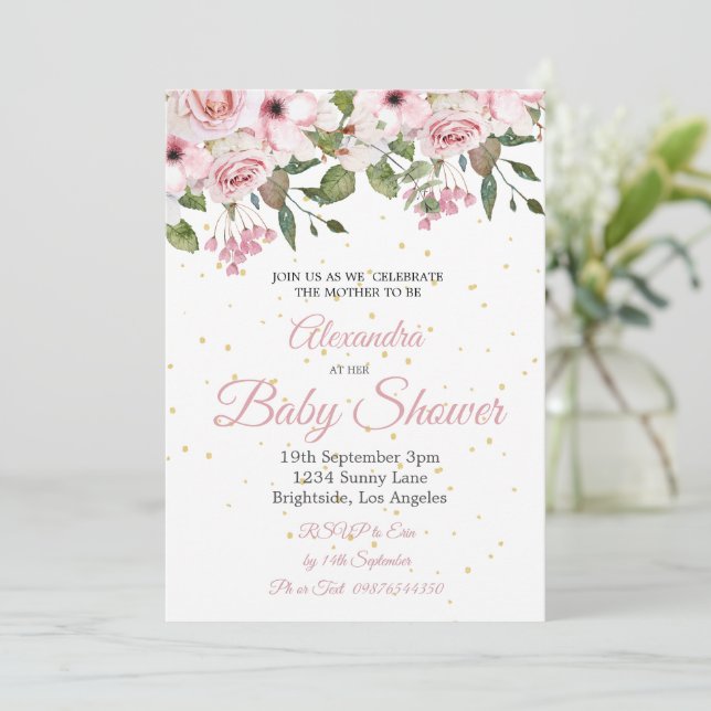 Babydusche Rosa Blütengoldchic Einladung (Stehend Vorderseite)