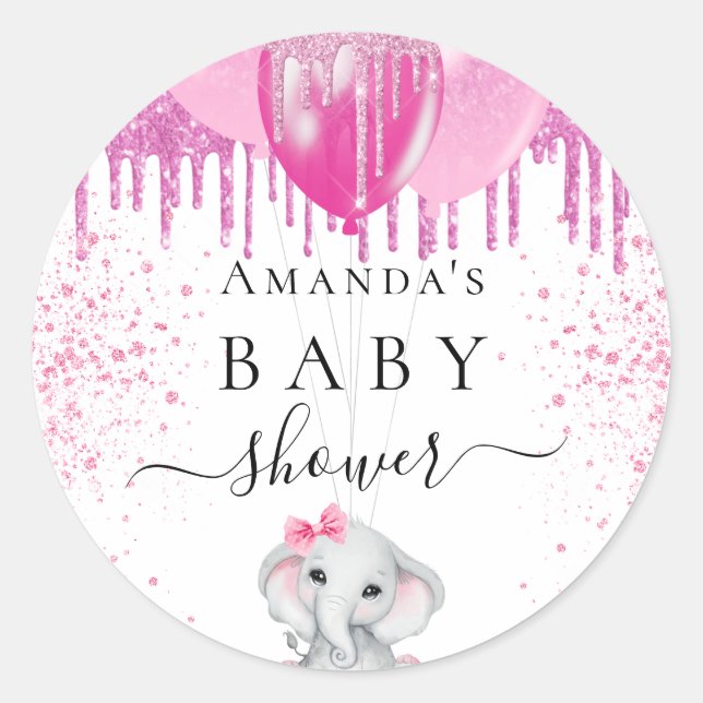 Babydusche Rosa Glitzer Elefantenballons Runder Aufkleber (Vorderseite)