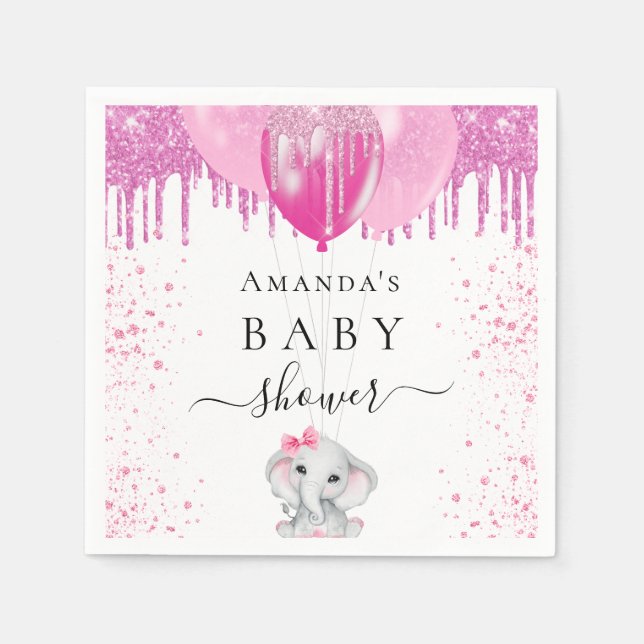 Babydusche Rosa Glitzer Elefantenballons Serviette (Vorderseite)