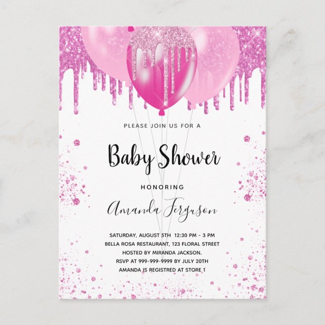 Babydusche Rosa Glitzer Mädchen Ballons Einladungspostkarte (Vorderseite)