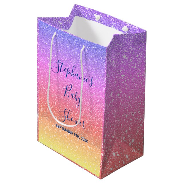 Babydusche Rosa Lila Glitzer Custom Niedlich 2021 Mittlere Geschenktüte (Vorderseite Schrägansicht)