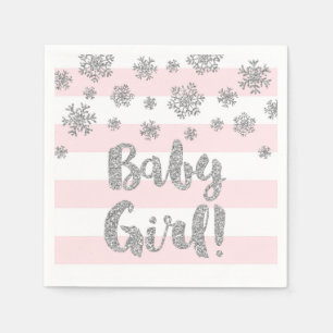 Babydusche Rosa Streifen Silberschneeflocken Serviette