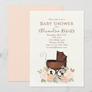 Babydusche Rosa Wasserfarbe Elegante Buggy Einladung
