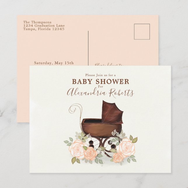 Babydusche Rosa Wasserfarbe Elegante Buggy Postkarte (Vorne/Hinten)