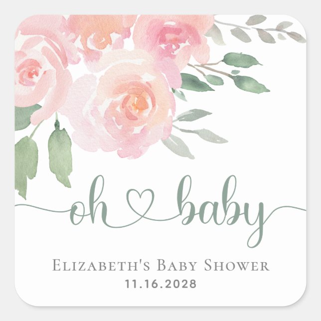 Babydusche Rosa Wasserfarbe Quadratischer Aufkleber (Vorderseite)