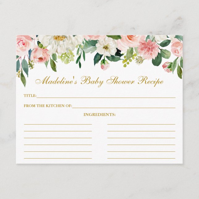 Babydusche Rosa White Floral Rezept Card Gold Hinweiskarte (Vorderseite)