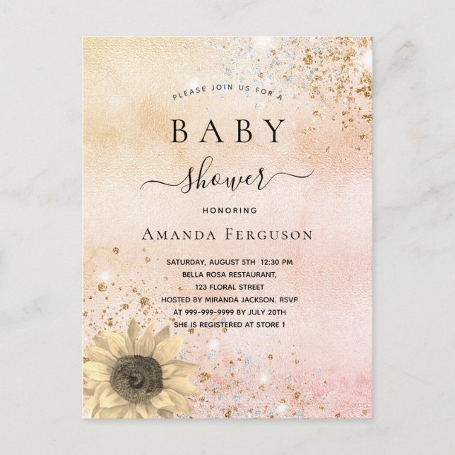 Babydusche Rose Gold rustikale Sonnenblume Glitzer Einladungspostkarte (Vorderseite)