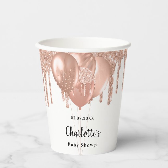 Babydusche Rose Goldballons weiß Pappbecher (Vorderseite)