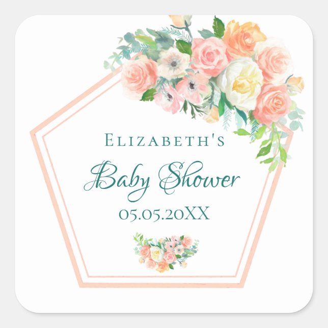 Babydusche Rosenblütenblüten Rose Goldgee Quadratischer Aufkleber (Vorderseite)