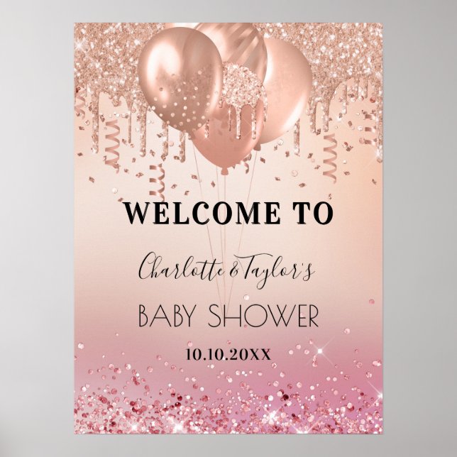 Babydusche, rot Rose Gold Glitzer Empfang Poster (Vorne)