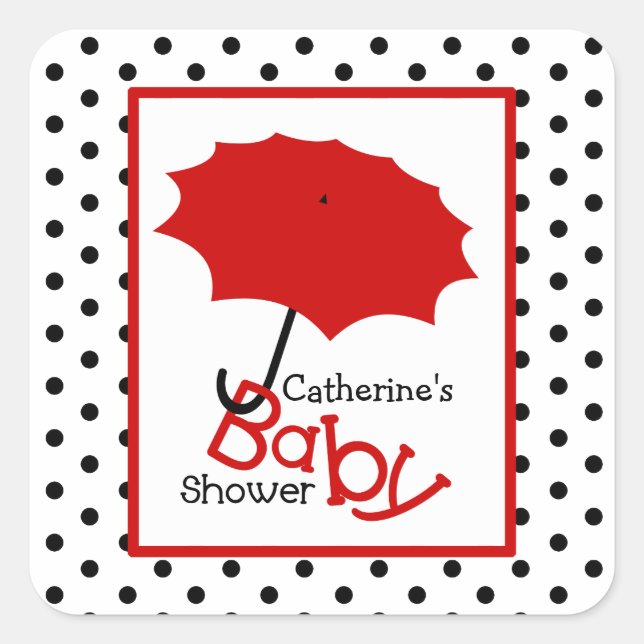 Babydusche Roter Regenschirm & Polka Dots Quadratischer Aufkleber (Vorderseite)