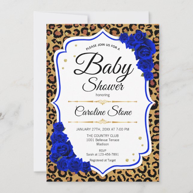 Babydusche - Royal Blue Gold Leopard Print Einladung (Vorderseite)