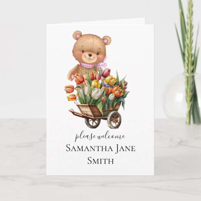 Babydusche Rustic Floral Girl Teddy Card Karte (Vorderseite)