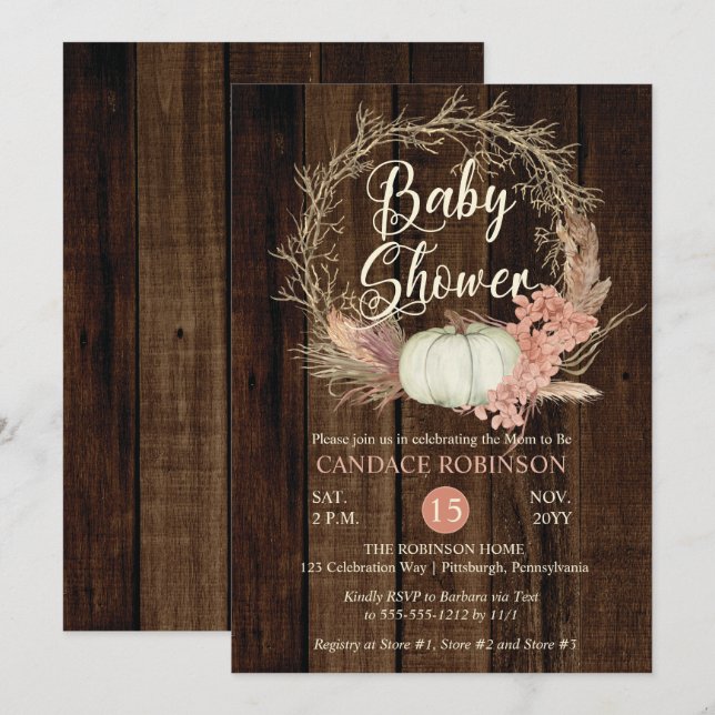 Babydusche - Rustic Pumpkin Pampas Wreath Einladung (Vorne/Hinten)