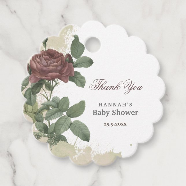 Babydusche Rustikale Flora Moderne Burgundy Gold F Geschenkanhänger (Vorderseite)