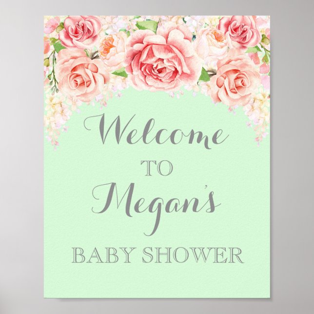 Babydusche Schild Pink Aquarell Blume Minze (Vorne)