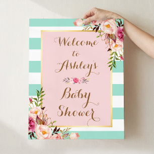 Babydusche Schild Pink Blütengrün Streifen