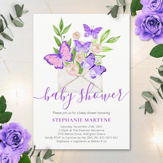 Babydusche Schmetterling Lila florale Umschlag Einladung (Von Creator hochgeladen)