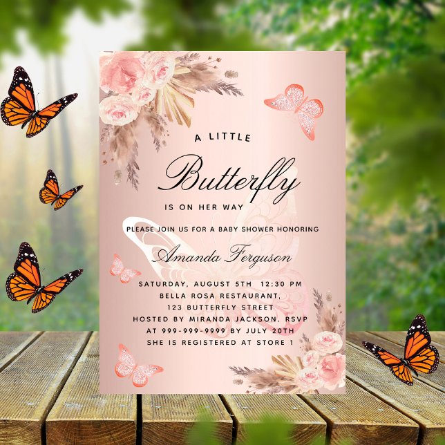 Babydusche Schmetterling Pink Girl Pampelgras Einladungspostkarte (Von Creator hochgeladen)