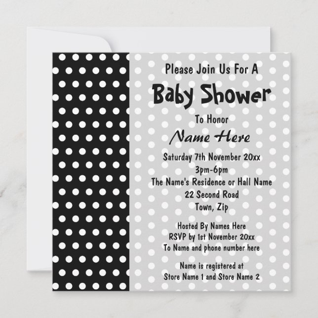 Babydusche, Schwarz-Weiß-Polka-Dot-Muster. Einladung (Vorderseite)