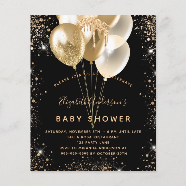 Babydusche schwarzer Glitzer Ballons Budget Flyer (Vorne)