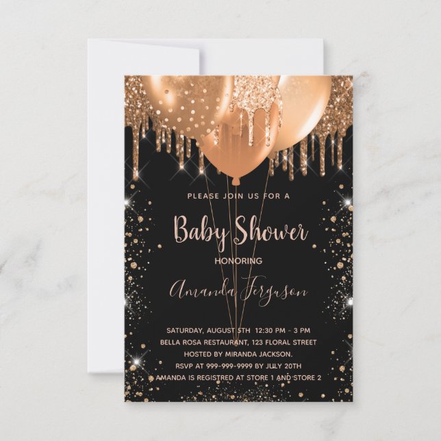 Babydusche schwarzer Glitzer Staub Einladung (Vorderseite)