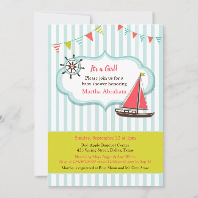 Babydusche Segelboot Einladung Baby Girl (Vorderseite)