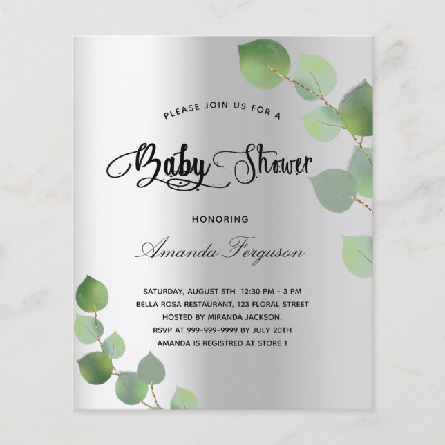 Babydusche Silber-Eukalyptus-Haushaltseinladung Flyer (Vorne)
