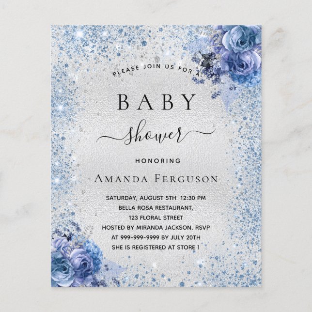 Babydusche Silber Glitzer Blütenblau Einladung (Vorderseite)