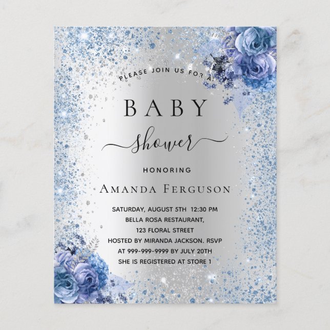Babydusche Silber Glitzer Blütenblau Einladung Flyer (Vorne)