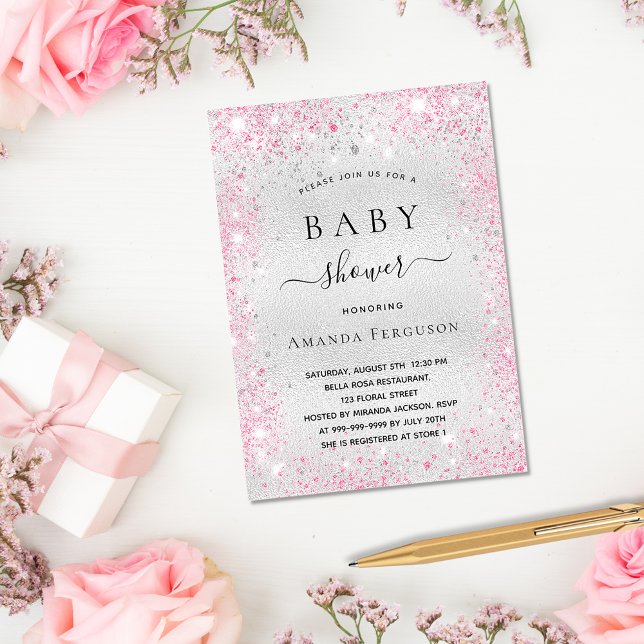 Babydusche silber Glitzer pink Girl Luxus Einladung (Von Creator hochgeladen)