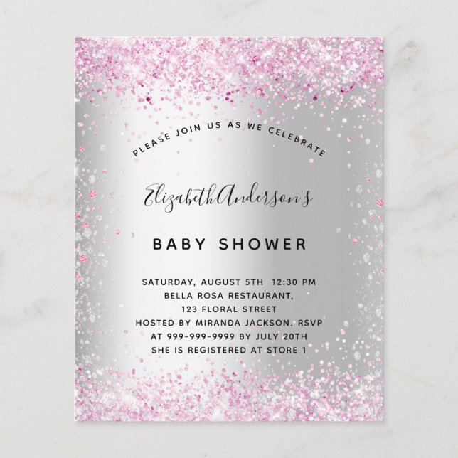 Babydusche silber pink Mädchen Einladung Flyer (Vorne)