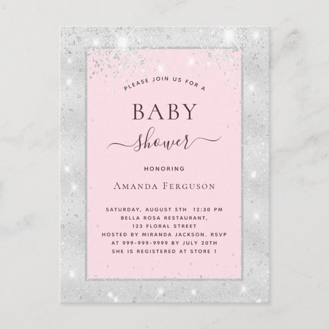 Babydusche Silberröschchen Rosa Glitzer Einladungspostkarte (Vorderseite)