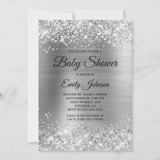 Babydusche Silver Glittery Foil Extravagantes Skri Einladung (Vorderseite)