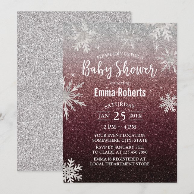 Babydusche Silver Snowflake Burgundy Red Glitzer Einladung (Vorne/Hinten)
