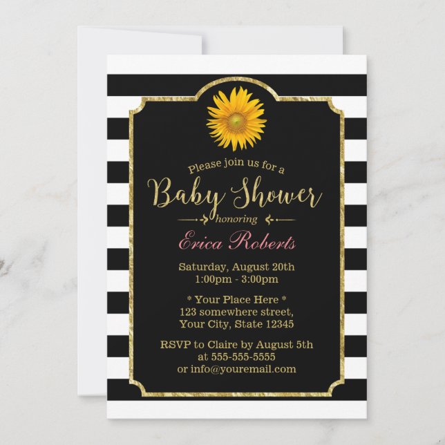 Babydusche Sonnenblume Moderne schwarze und weiße  Einladung (Vorderseite)