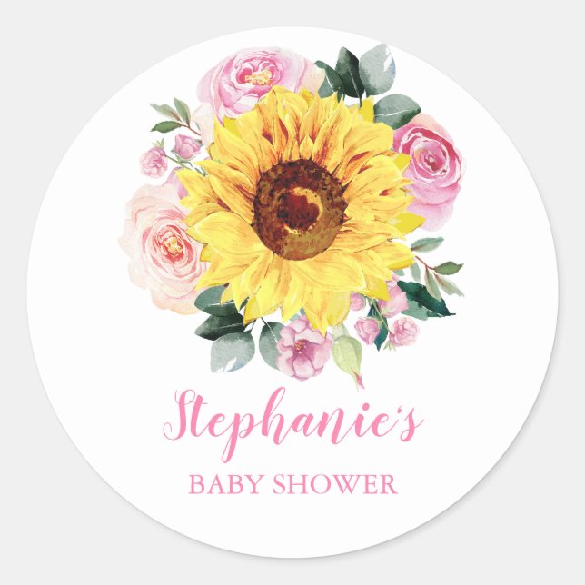 Babydusche Sonnenblume Rosa Blütenblume Personalis Runder Aufkleber (Vorderseite)