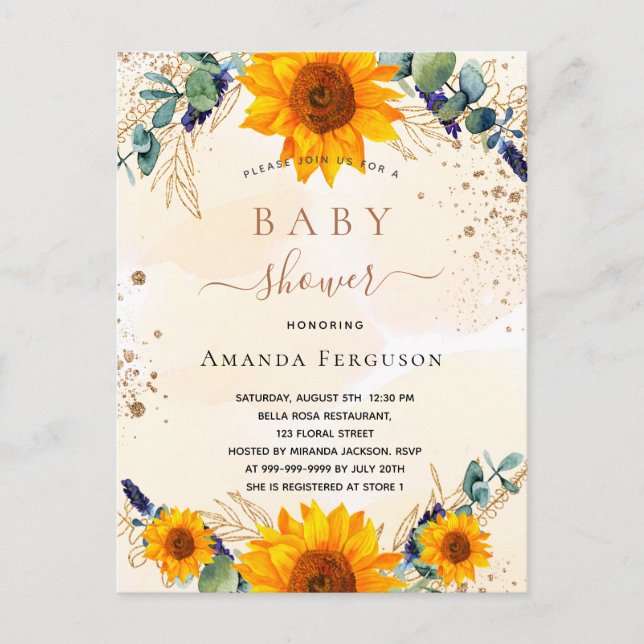 Babydusche Sonnenblumen Eukalyptusgold Glitzer Einladungspostkarte (Vorderseite)