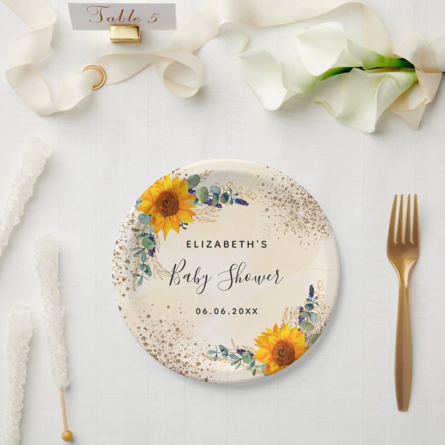 Babydusche Sonnenblumen Eukalyptusgrün Glitzer Pappteller (Hochzeit)