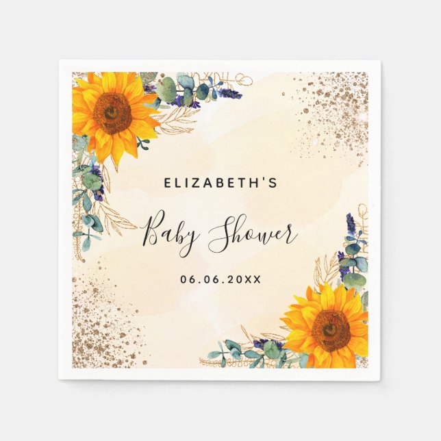 Babydusche Sonnenblumen Eukalyptusgrün Glitzer Serviette (Vorderseite)