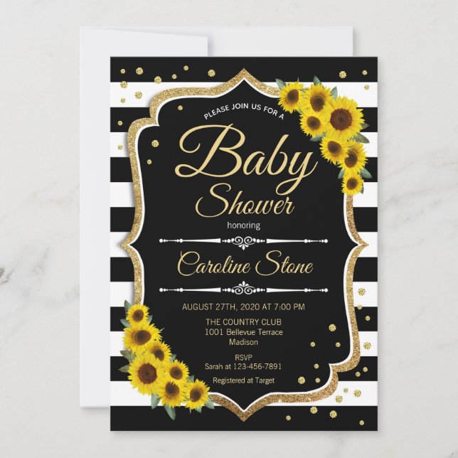 Babydusche - Sonnenblumen Schwarz-weiße Streifen Einladung (Vorderseite)